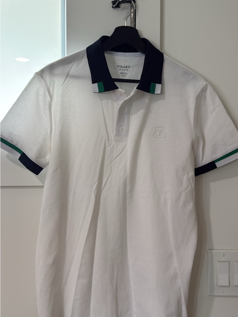 Tilley White Polo with Navy Collar and Green Trim